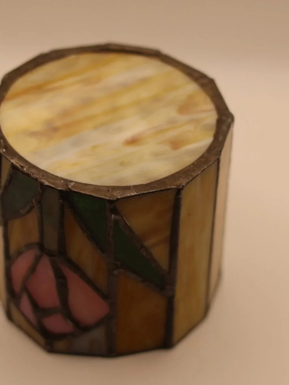 Vintage stained glass votive candle holder pink tulip design, art nouveau, textu